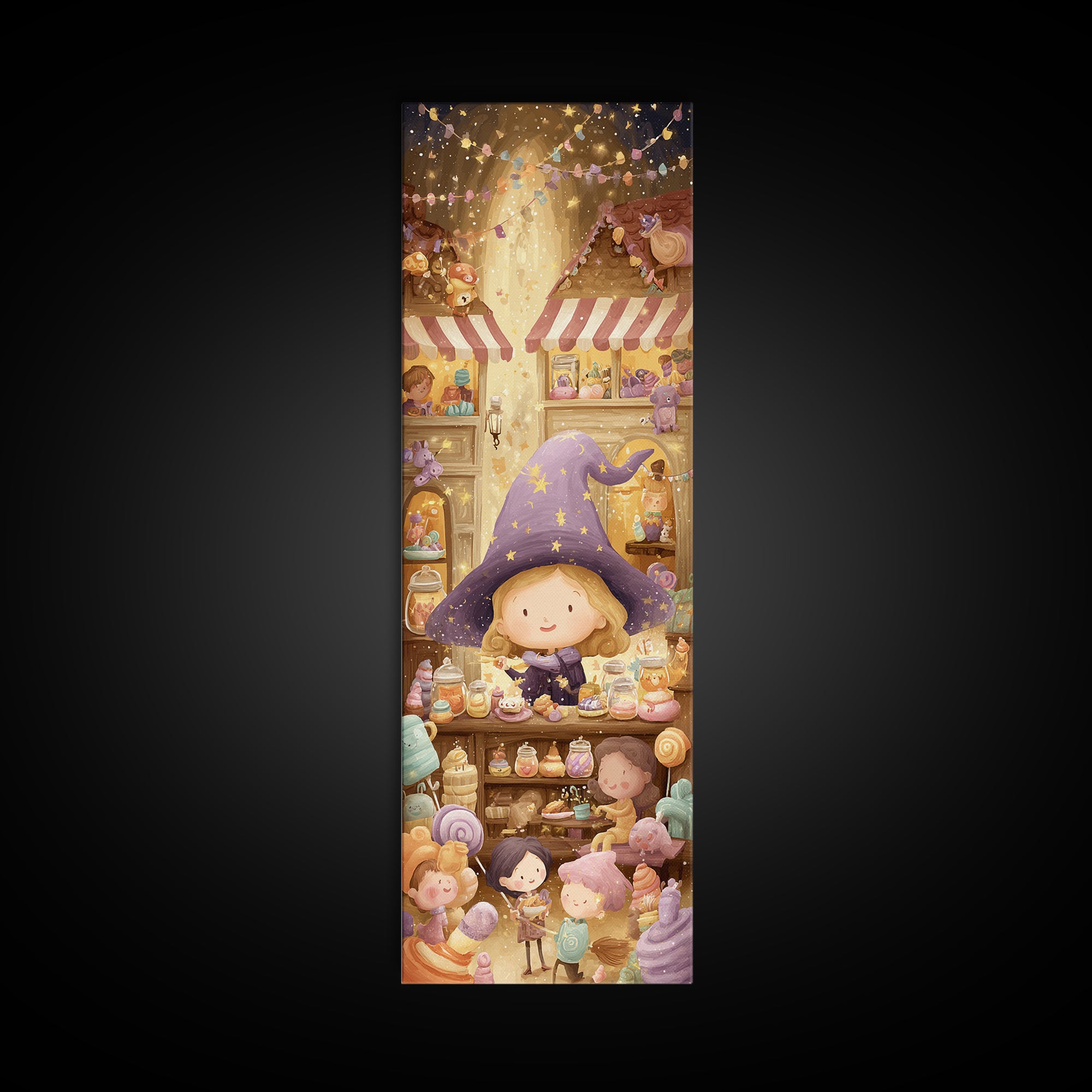 The Little Star Witch, Whimsical Halloween Art, Tall Narrow Wall Art, Framed Canvas Print, Halloween Kids Decor, Whimsical Wall Art