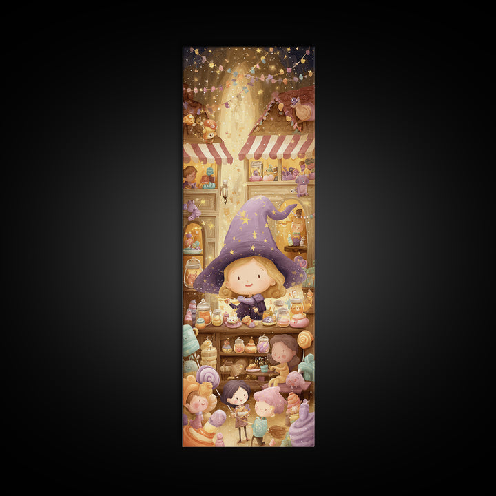 The Little Star Witch, Whimsical Halloween Art, Tall Narrow Wall Art, Framed Canvas Print, Halloween Kids Decor, Whimsical Wall Art