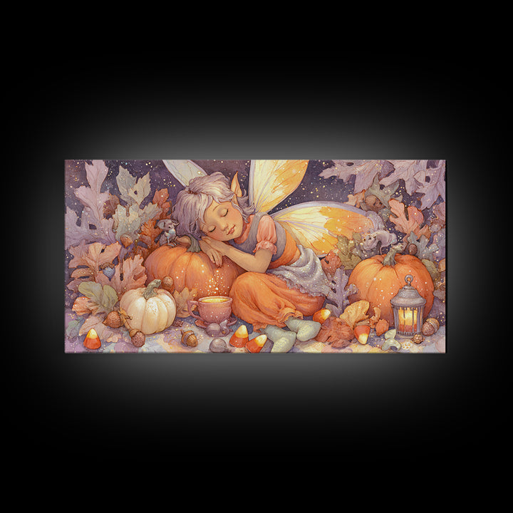The Candy Corn Fairy, Storybook Halloween Art, Wide Panoramic Art, Canvas Print, Halloween Kids Decor, Whimsical Wall Art