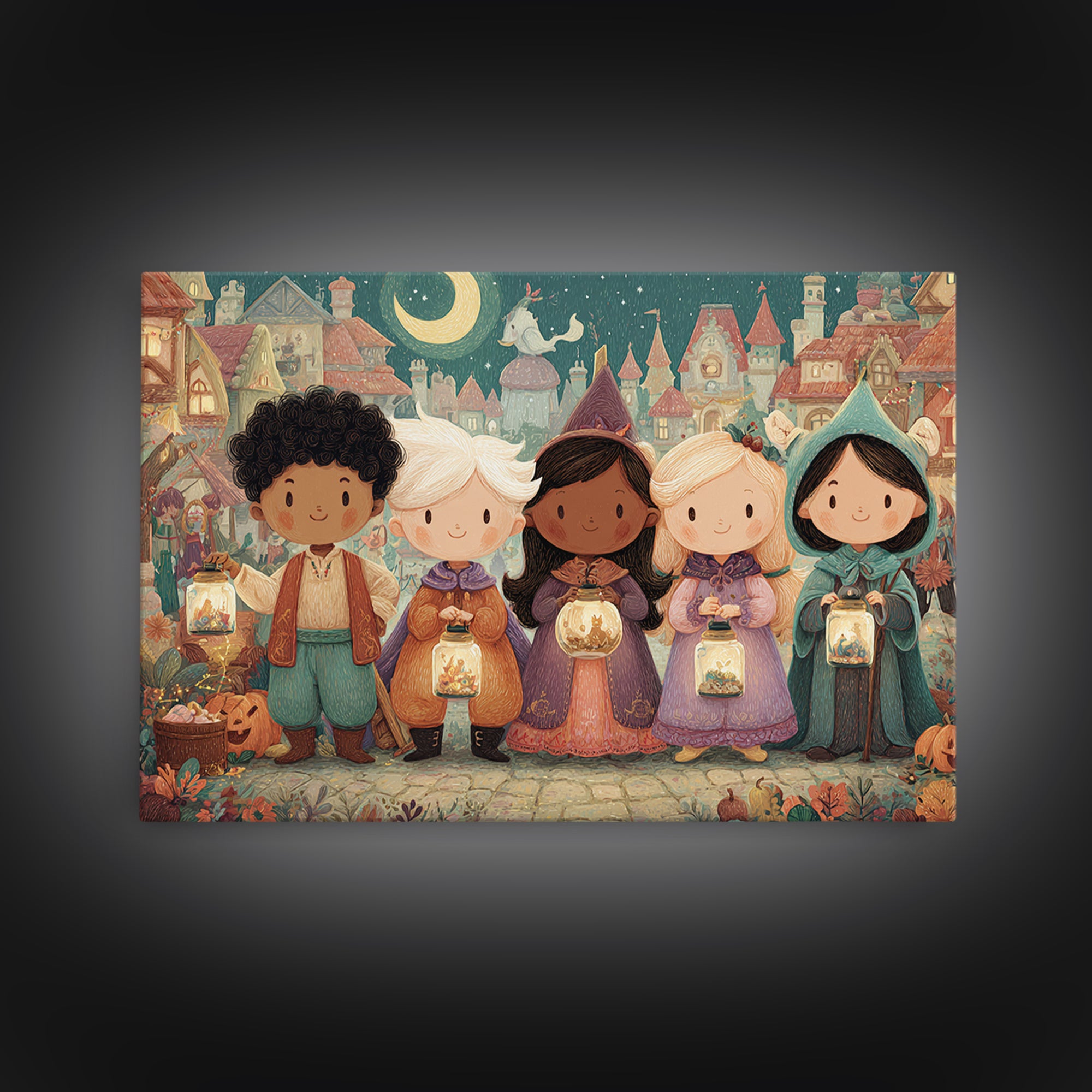 The Moonbeam Wizard, Whimsical Halloween Art, Landscape Wall Art, Framed Canvas Print, Halloween Kids Decor, Whimsical Wall Art