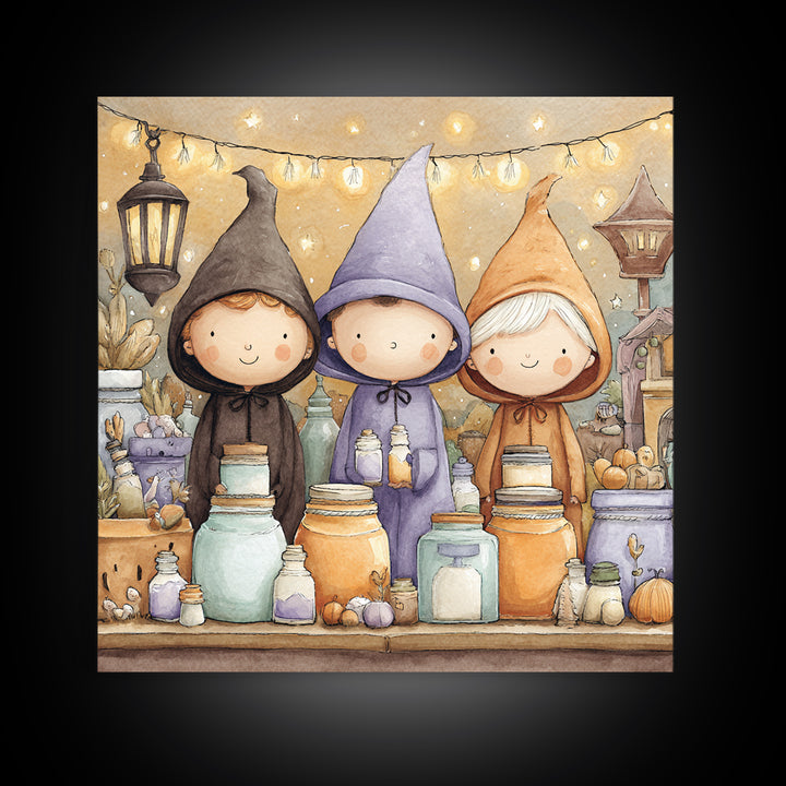 The Moonbeam Wizard, Storybook Halloween Art, Square Wall Art, Framed Canvas Print, Halloween Kids Decor, Whimsical Wall Art