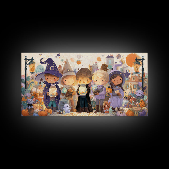 The Moonbeam Wizard, Whimsical Halloween Art, Wide Panoramic Art, Canvas Print, Halloween Kids Decor, Whimsical Wall Art, Horror Wall Art