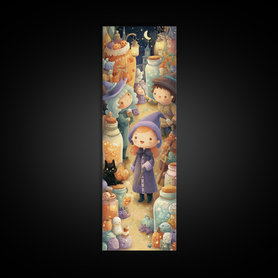 The Moonbeam Wizard, Kids Halloween Decor, Tall Narrow Wall Art, Canvas Print, Halloween Kids Decor, Whimsical Wall Art, Seasonal Home Decor