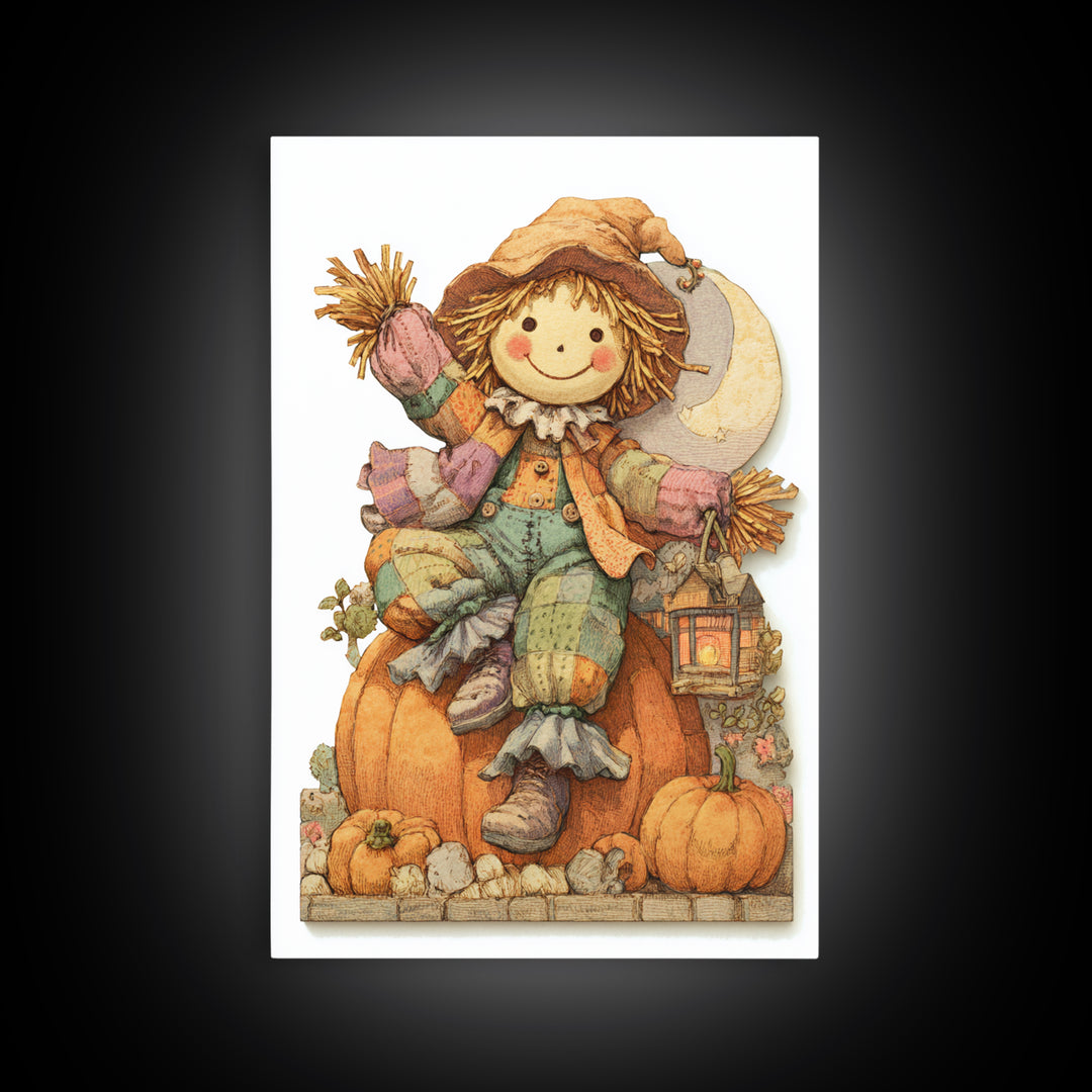 The Button-Nosed Scarecrow, Whimsical Halloween Art, Vertical Wall Art, Canvas Print, Halloween Kids Decor, Whimsical Wall Art