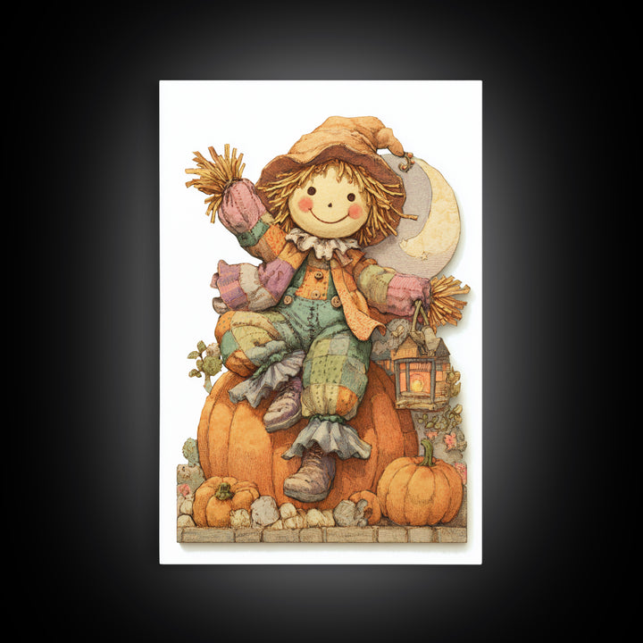 The Button-Nosed Scarecrow, Whimsical Halloween Art, Vertical Wall Art, Canvas Print, Halloween Kids Decor, Whimsical Wall Art