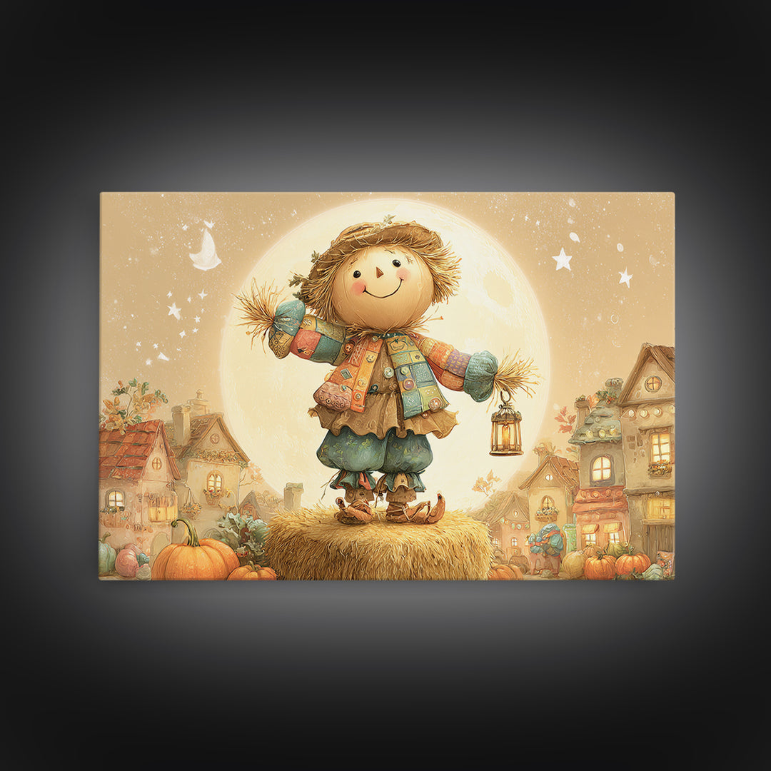 The Button-Nosed Scarecrow, Cute Spooky Wall Art, Landscape Wall Art, Canvas Print, Halloween Kids Decor, Whimsical Wall Art