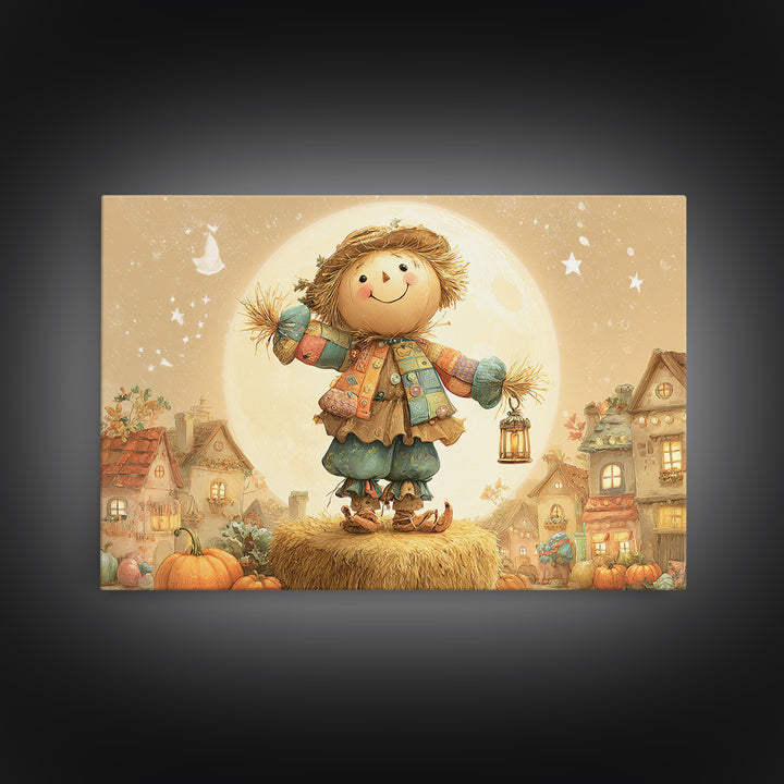 The Button-Nosed Scarecrow, Cute Spooky Wall Art, Landscape Wall Art, Canvas Print, Halloween Kids Decor, Whimsical Wall Art