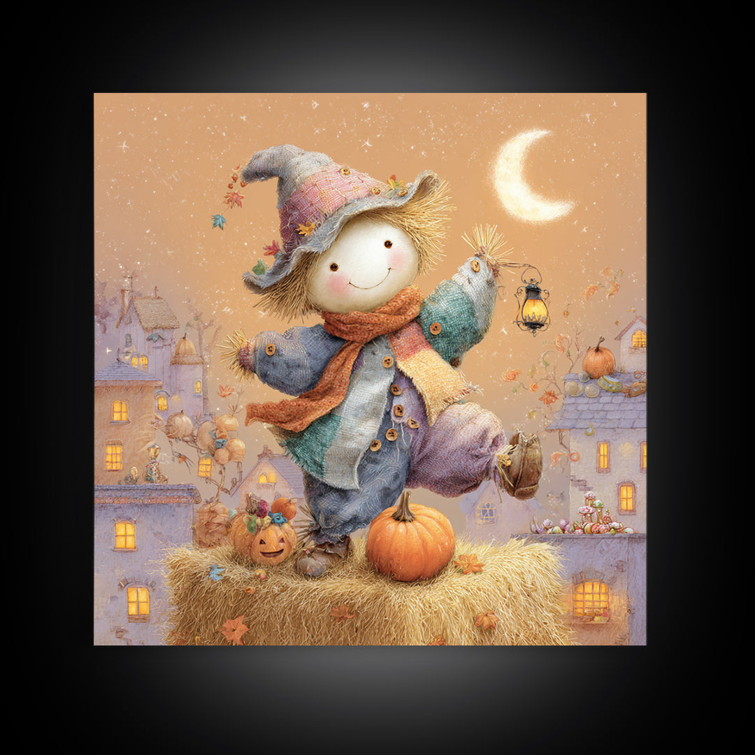 The Button-Nosed Scarecrow, Storybook Halloween Art, Square Wall Art, Canvas Print, Halloween Kids Decor, Whimsical Wall Art