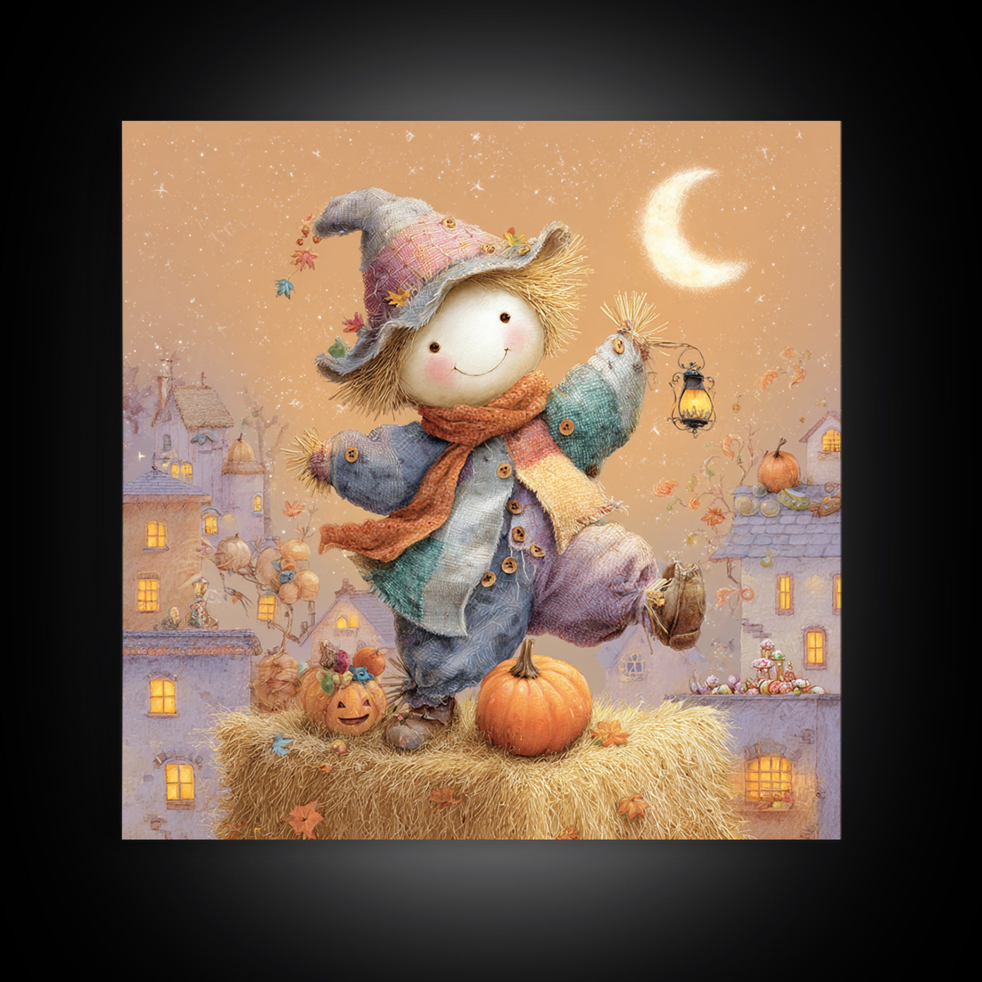 The Button-Nosed Scarecrow, Storybook Halloween Art, Square Wall Art, Canvas Print, Halloween Kids Decor, Whimsical Wall Art