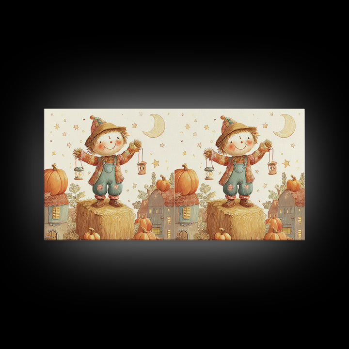The Button-Nosed Scarecrow, Cute Halloween Wall Art, Wide Panoramic Art, Canvas Print, Halloween Kids Decor, Whimsical Wall Art