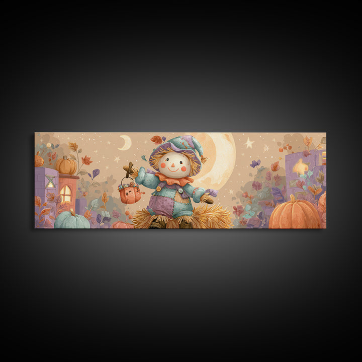 The Button-Nosed Scarecrow, Kids Halloween Decor, Extra Wide Wall Art, Canvas Print, Halloween Kids Decor, Whimsical Wall Art