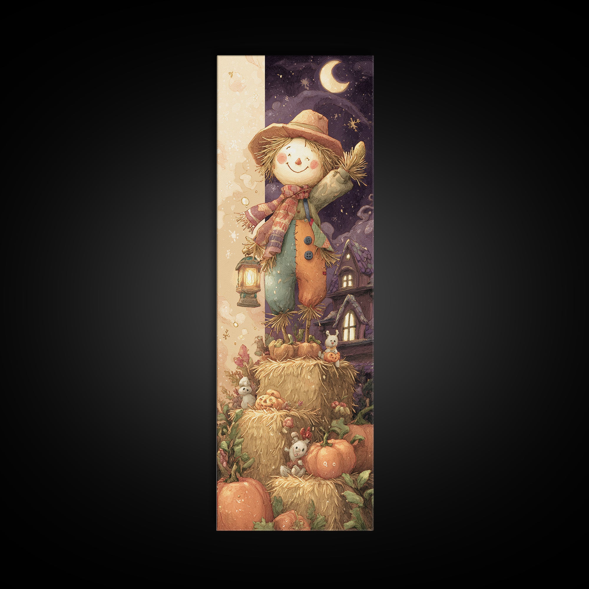 The Button-Nosed Scarecrow, Whimsical Halloween Art, Tall Narrow Wall Art, Canvas Print, Halloween Kids Decor, Whimsical Wall Art