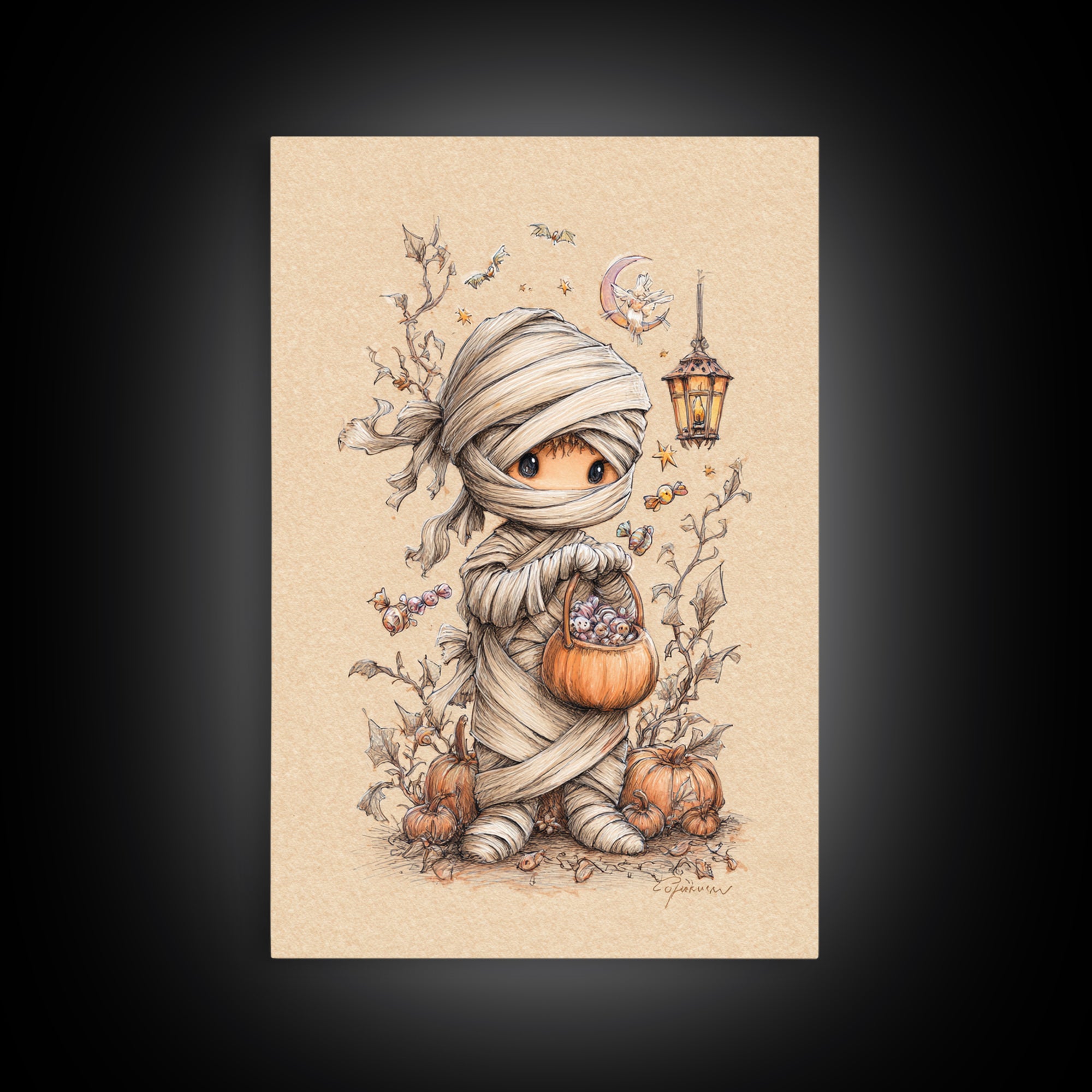 The Shy Little Mummy, Hand Sketch Halloween Art, Vertical Wall Art, Canvas Print, Cute Halloween Wall Art