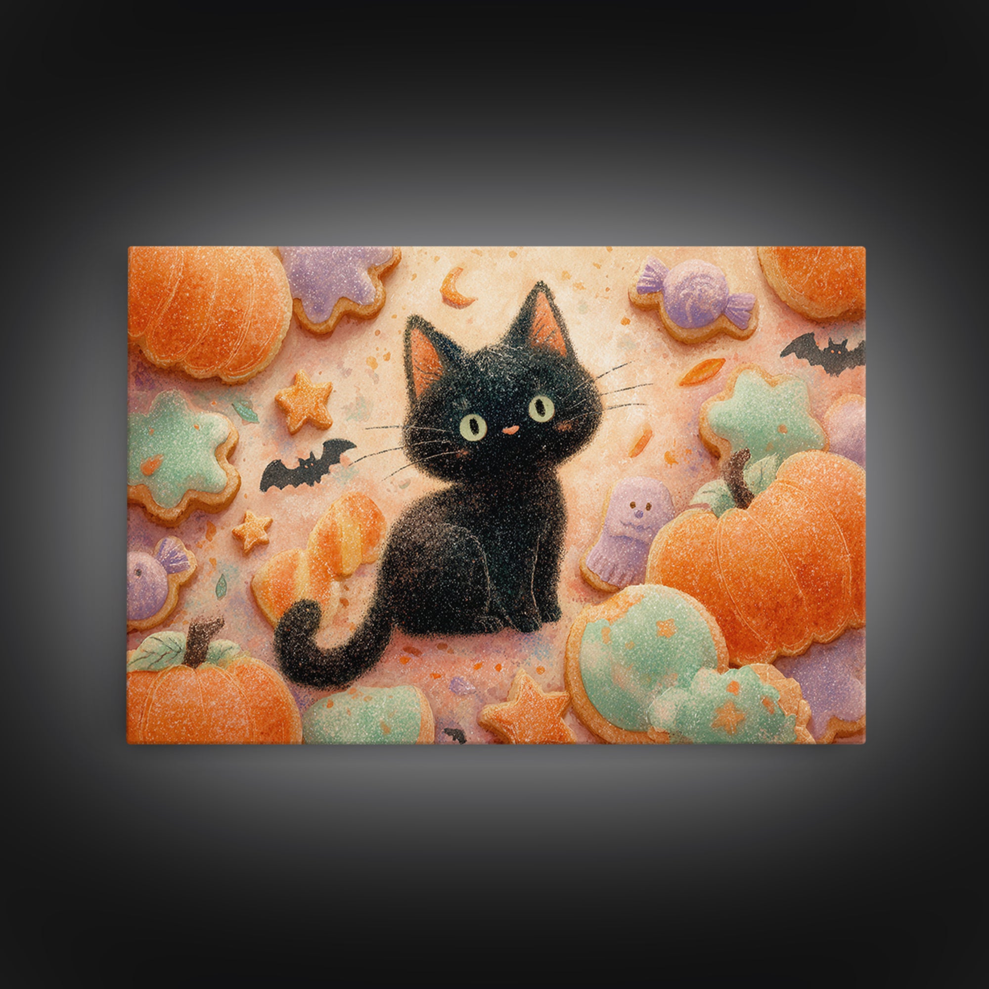 The Black Cat Baker, Watercolor Halloween Art, Landscape Wall Art, Framed Canvas Print, Cute Halloween Wall Art