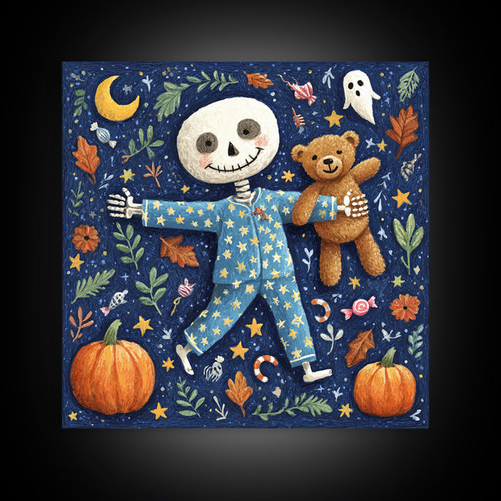 The Pajama Skeleton, Gouache Halloween Art, Square Wall Art, Canvas Print, Cute Halloween Wall Art, Halloween Kids Decor