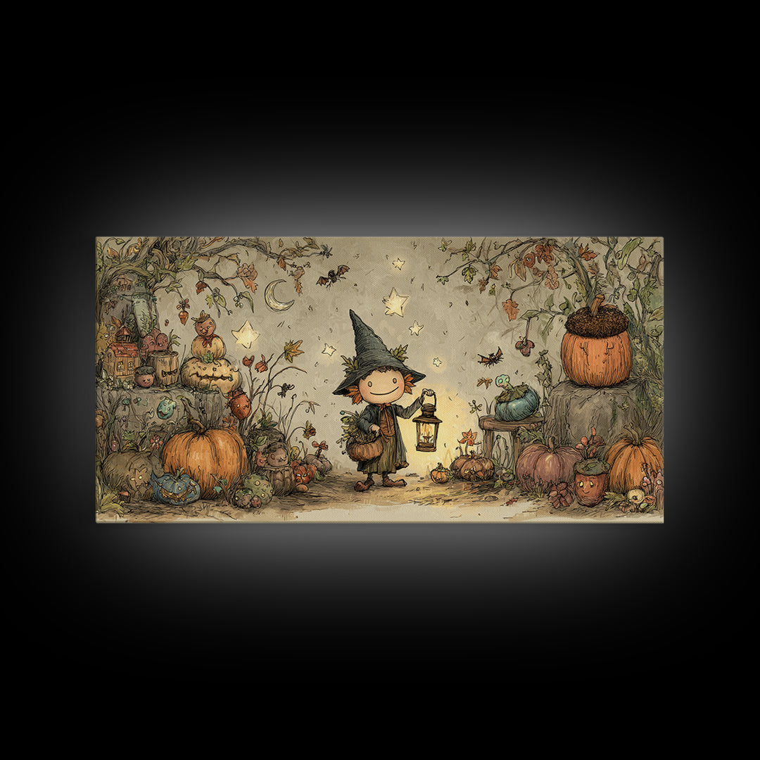 The Acorn Goblin, Crayon Halloween Art, Wide Panoramic Art, Framed Canvas Print, Cute Halloween Wall Art