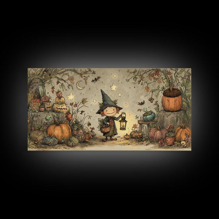 The Acorn Goblin, Crayon Halloween Art, Wide Panoramic Art, Framed Canvas Print, Cute Halloween Wall Art