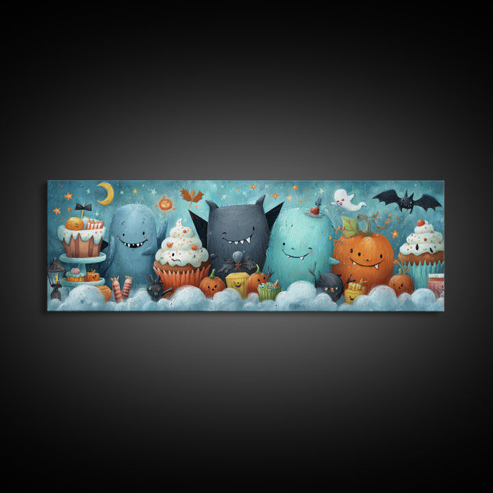 The Cupcake Vampire, Pastel Halloween Art, Extra Wide Wall Art, Canvas Print, Cute Halloween Wall Art