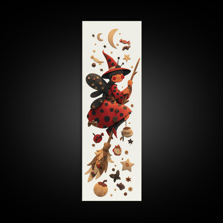 The Ladybug Witch, Paper Collage Halloween, Tall Narrow Wall Art, Framed Canvas Print, Cute Halloween Wall Art