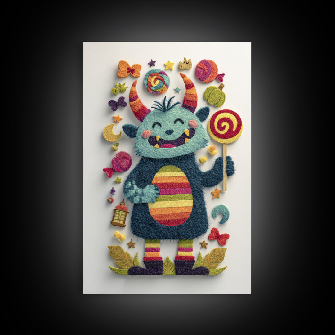The Rainbow Monster, Felt Halloween Art, Vertical Wall Art, Canvas Print, Cute Halloween Wall Art, Whimsical Nursery Decor