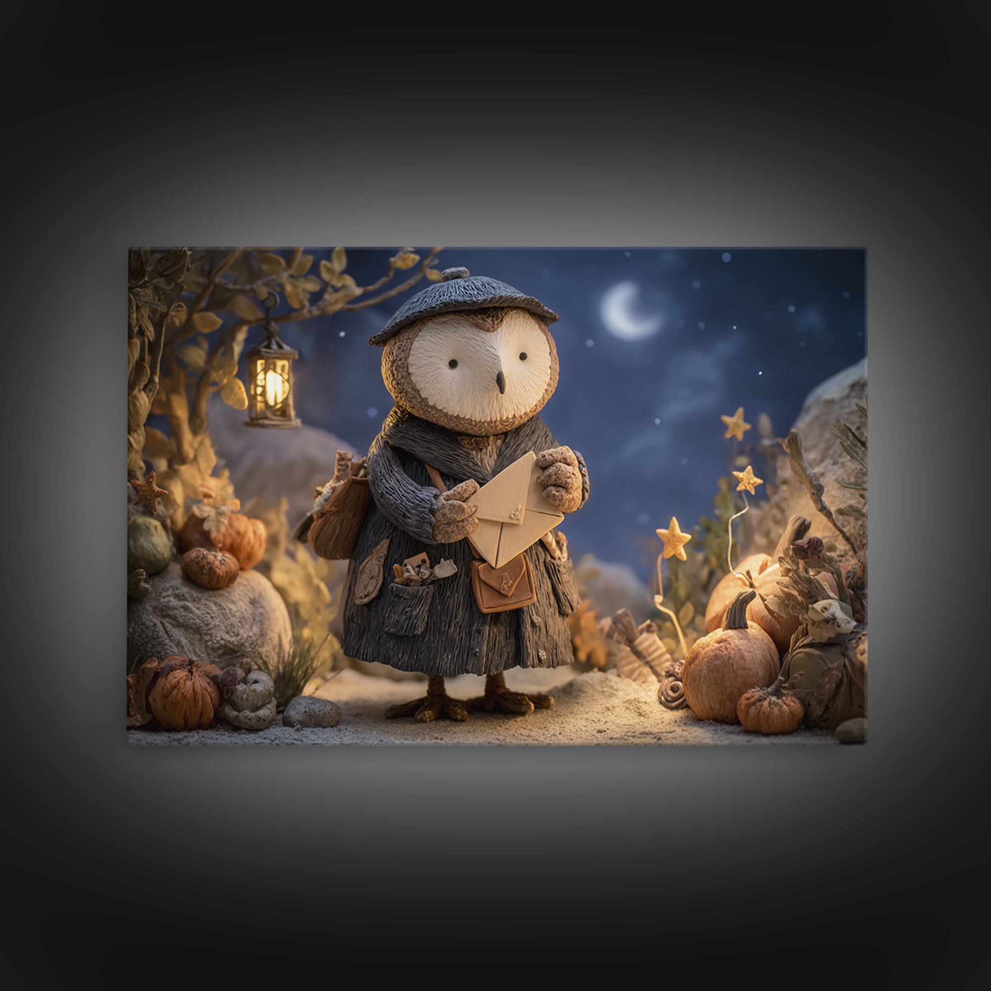 The Owl Postmaster, Clay Halloween Art, Landscape Wall Art, Framed Canvas Print, Cute Halloween Wall Art