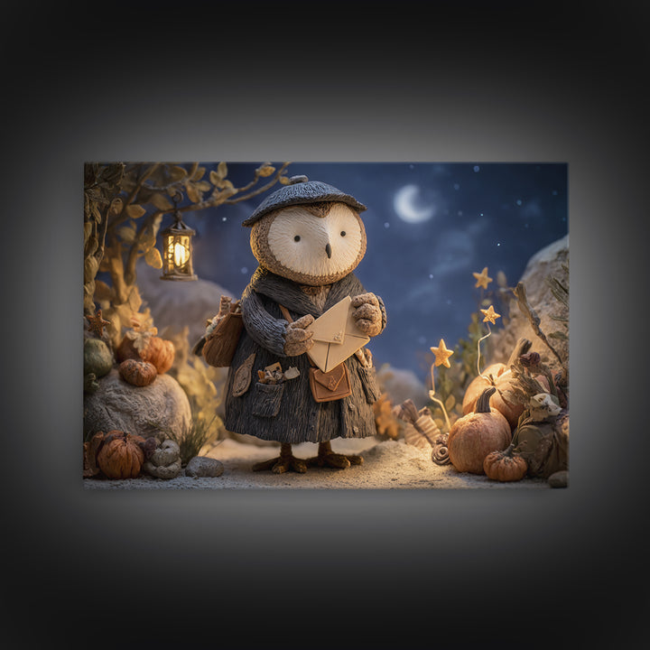 The Owl Postmaster, Clay Halloween Art, Landscape Wall Art, Framed Canvas Print, Cute Halloween Wall Art