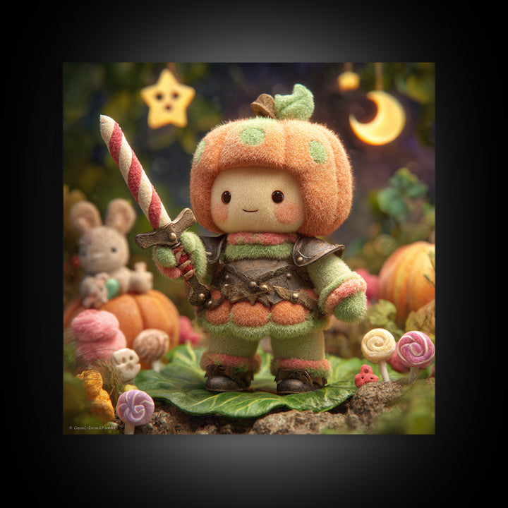The Pumpkin Knight, Plush Halloween Art, Square Wall Art, Canvas Print, Cute Halloween Wall Art, Halloween Kids Decor