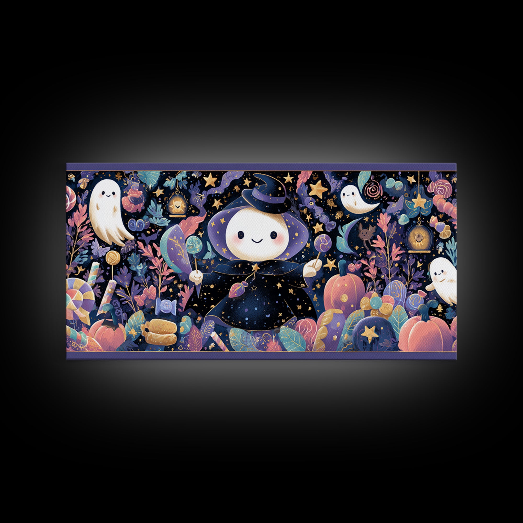 The Star-Cape Magician, Kawaii Halloween Art, Wide Panoramic Art, Framed Canvas Print, Cute Halloween Wall Art