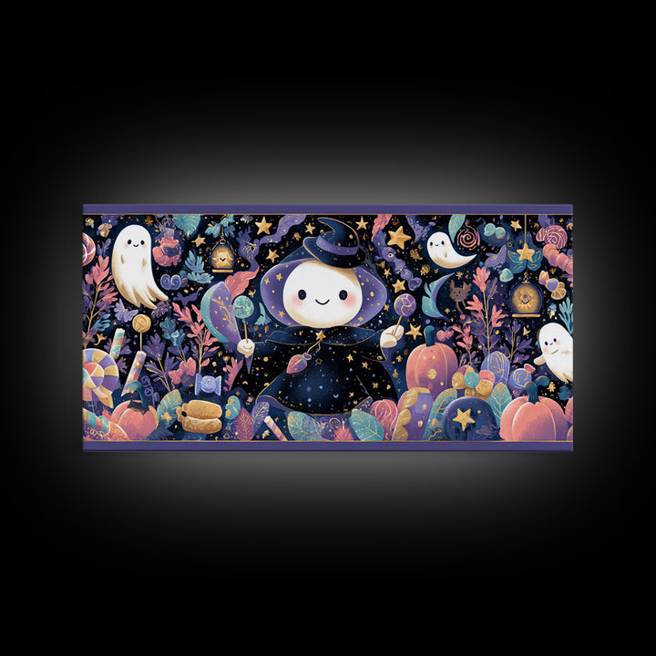 The Star-Cape Magician, Kawaii Halloween Art, Wide Panoramic Art, Framed Canvas Print, Cute Halloween Wall Art