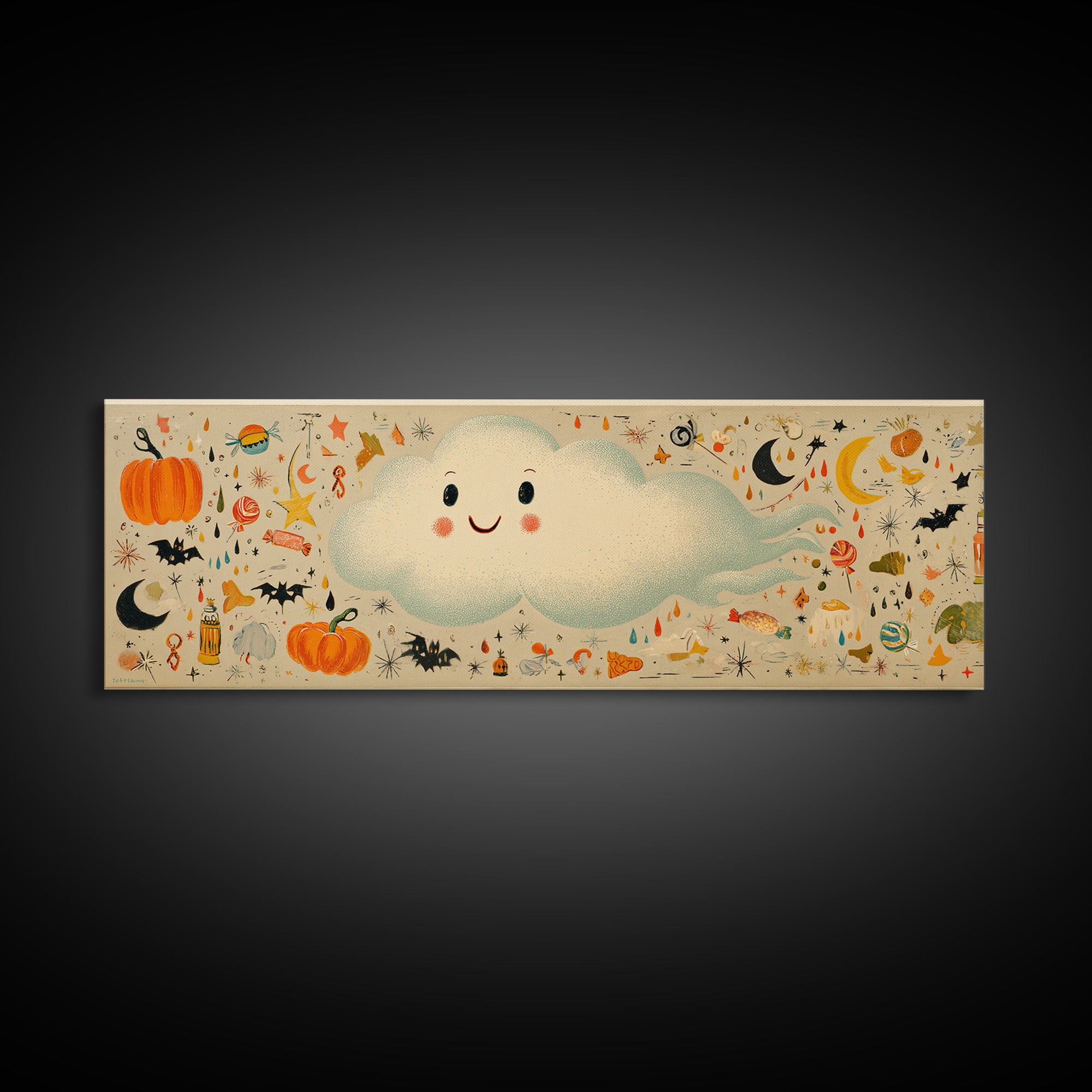 The Cloud Ghost, Retro Halloween Art, Extra Wide Wall Art, Canvas Print, Cute Halloween Wall Art, Cozy Autumn Kids Decor