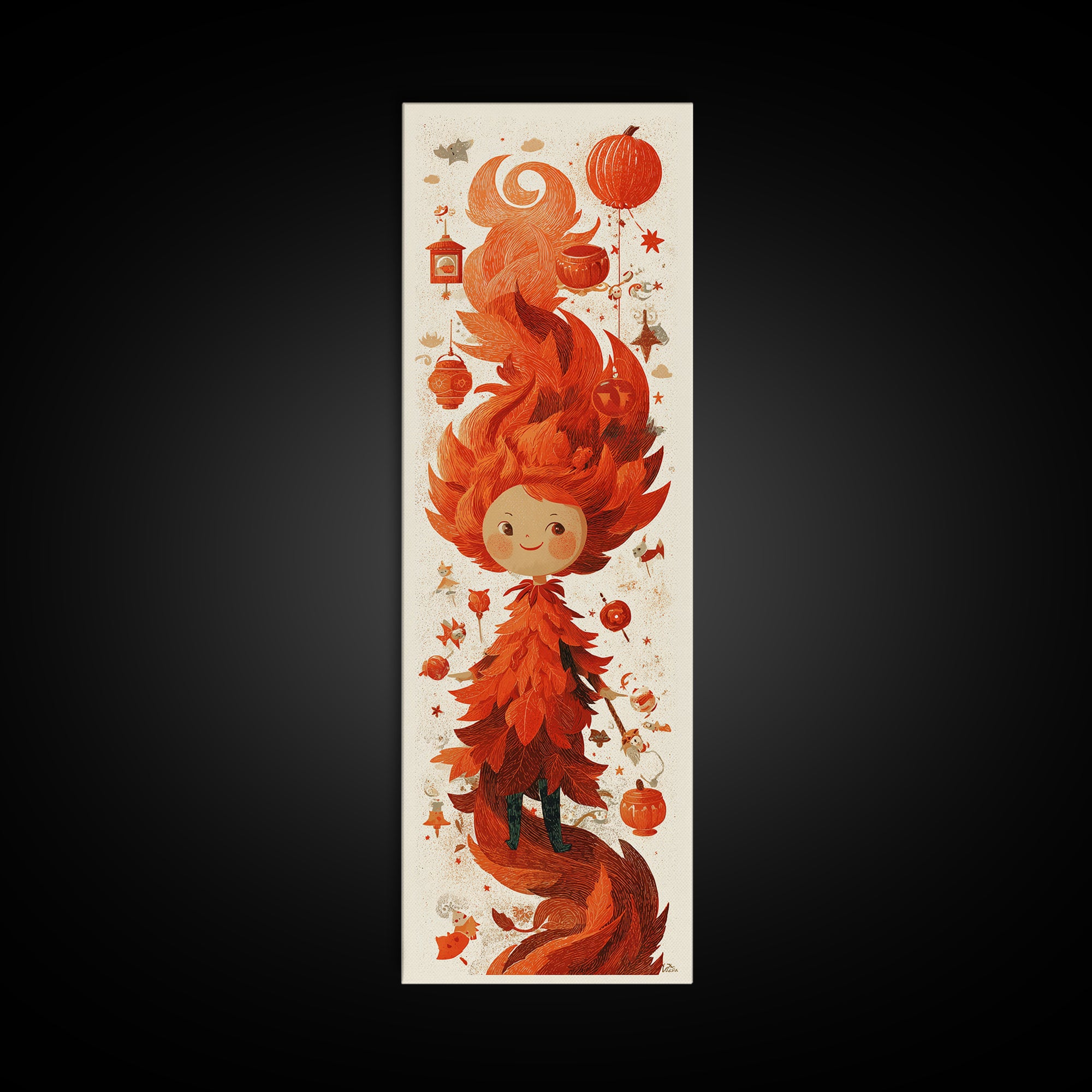 The Autumn Leaf Sprite, Screenprint Halloween Art, Tall Narrow Wall Art, Framed Canvas Print, Cute Halloween Wall Art