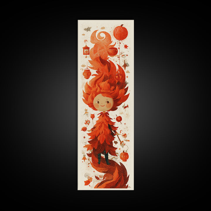 The Autumn Leaf Sprite, Screenprint Halloween Art, Tall Narrow Wall Art, Framed Canvas Print, Cute Halloween Wall Art