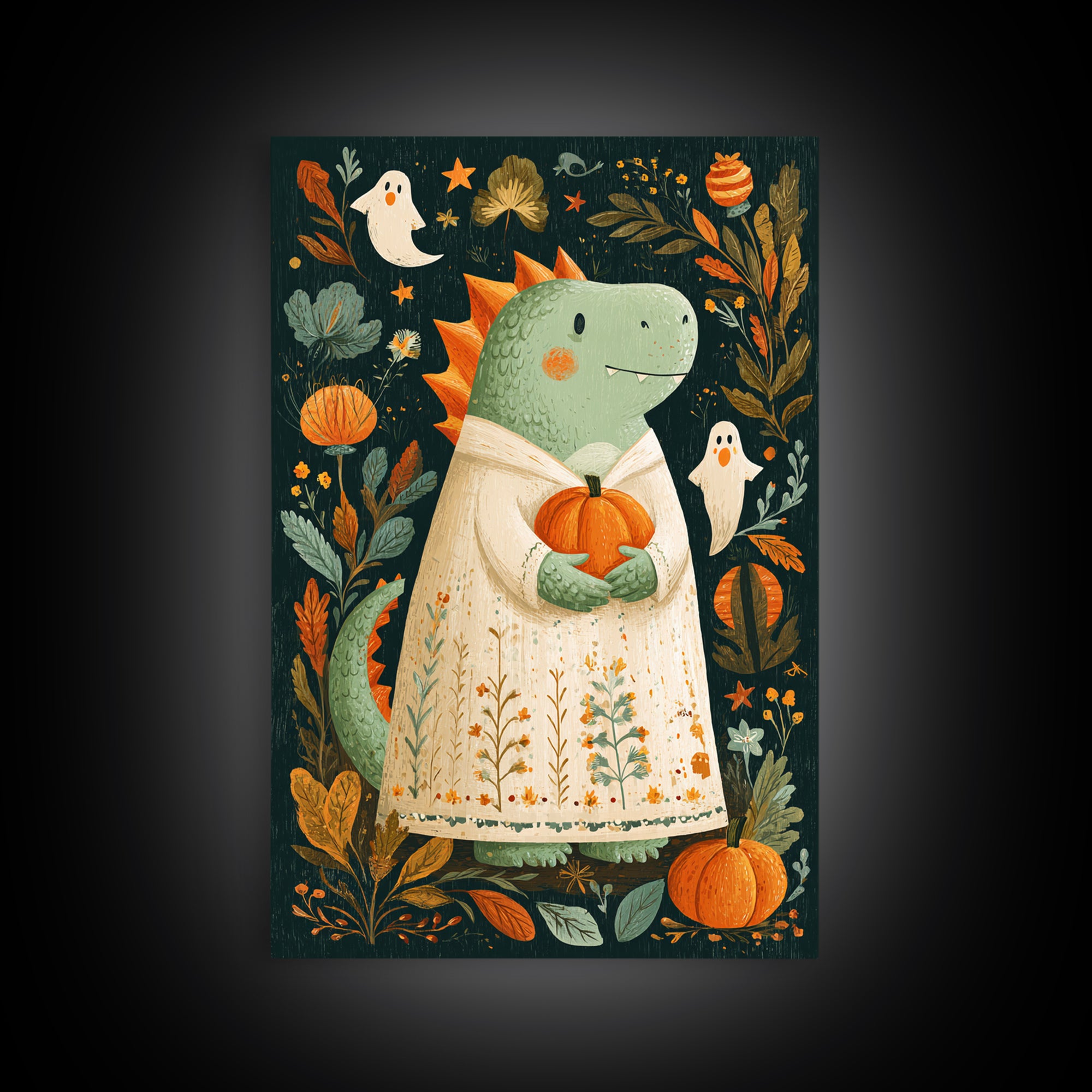 The Sleepy Costume Dragon, Folk Halloween Art, Vertical Wall Art, Canvas Print, Cute Halloween Wall Art