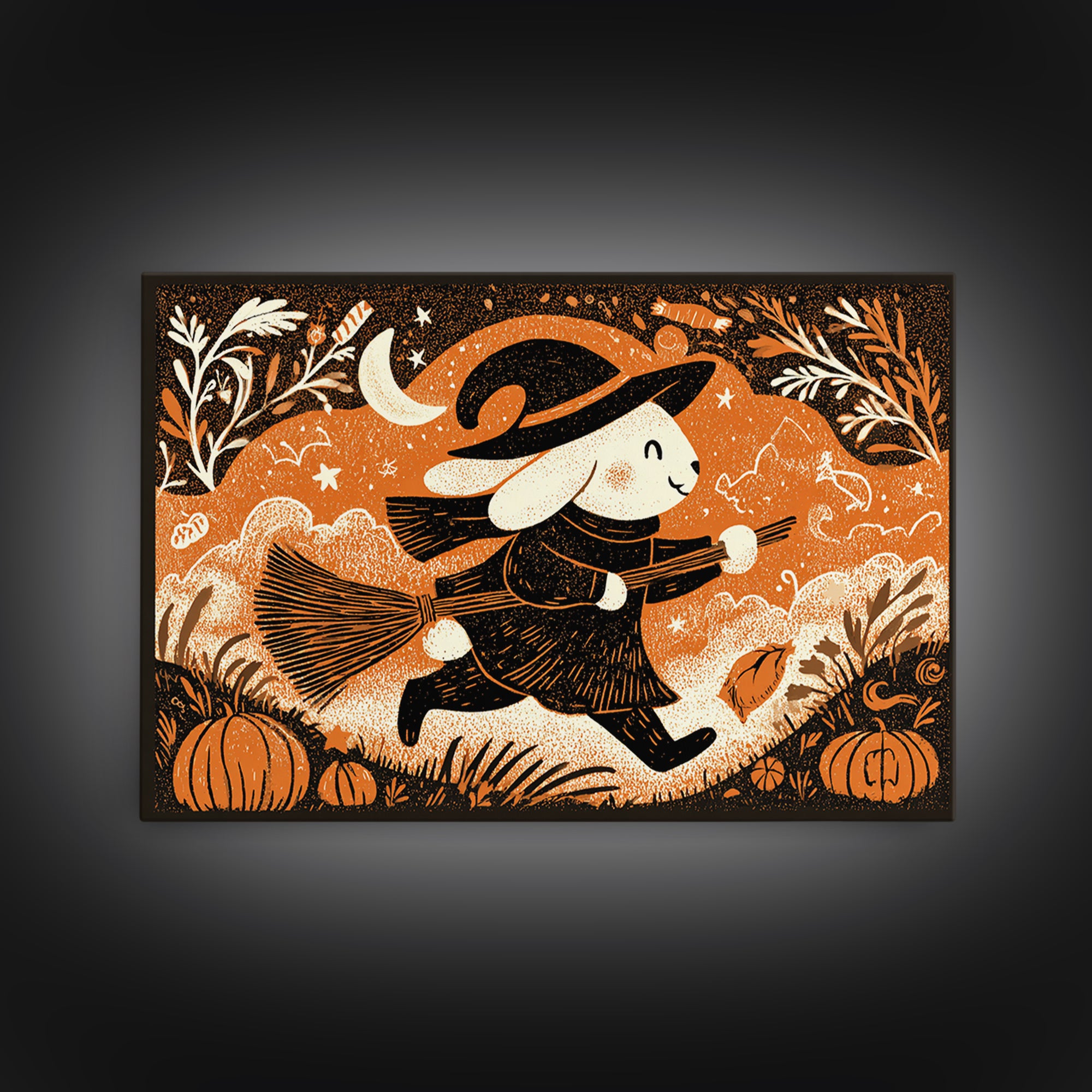 The Bunny Witch, Linocut Halloween Art, Landscape Wall Art, Framed Canvas Print, Cute Halloween Wall Art