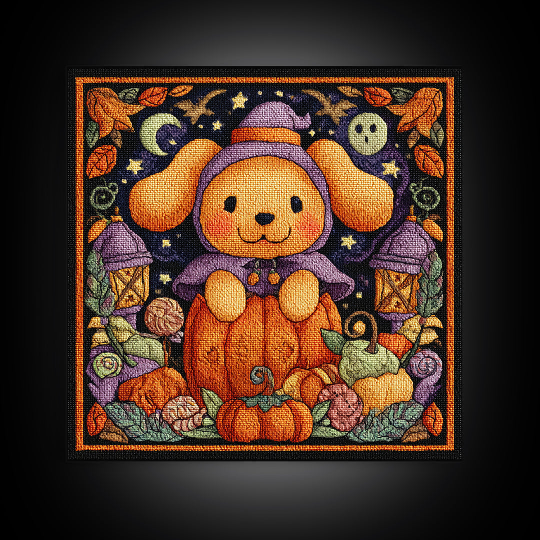 The Pumpkin Puppy, Embroidered Halloween Art, Square Wall Art, Canvas Print, Cute Halloween Wall Art