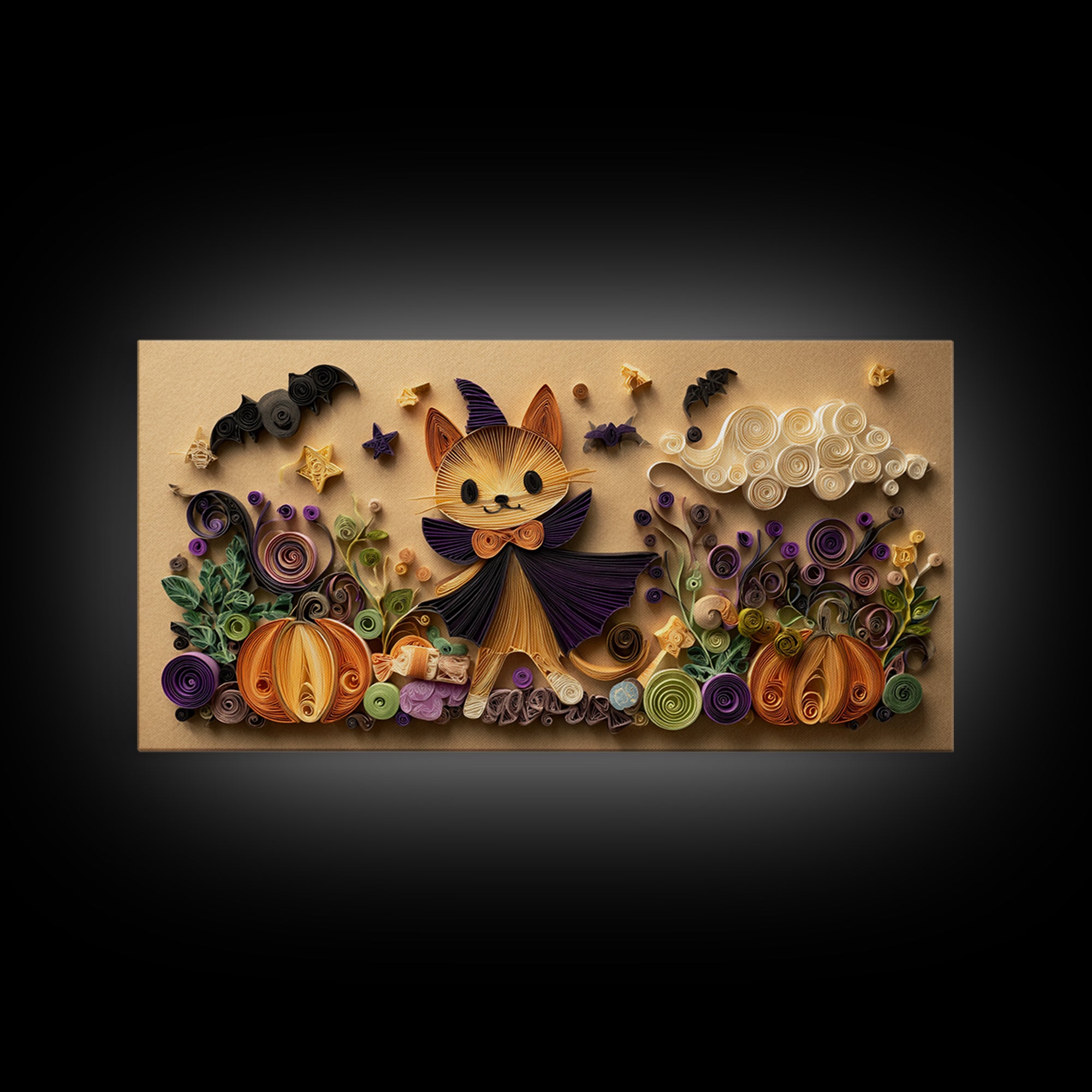 The Kitten Vampire, Quilled Halloween Art, Wide Panoramic Art, Framed Canvas Print, Cute Halloween Wall Art