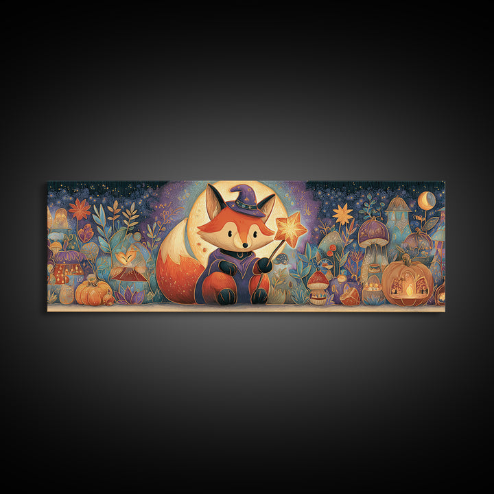 The Fox Wizard, Stained Glass Halloween, Extra Wide Wall Art, Canvas Print, Cute Halloween Wall Art, Cozy Autumn Kids Decor