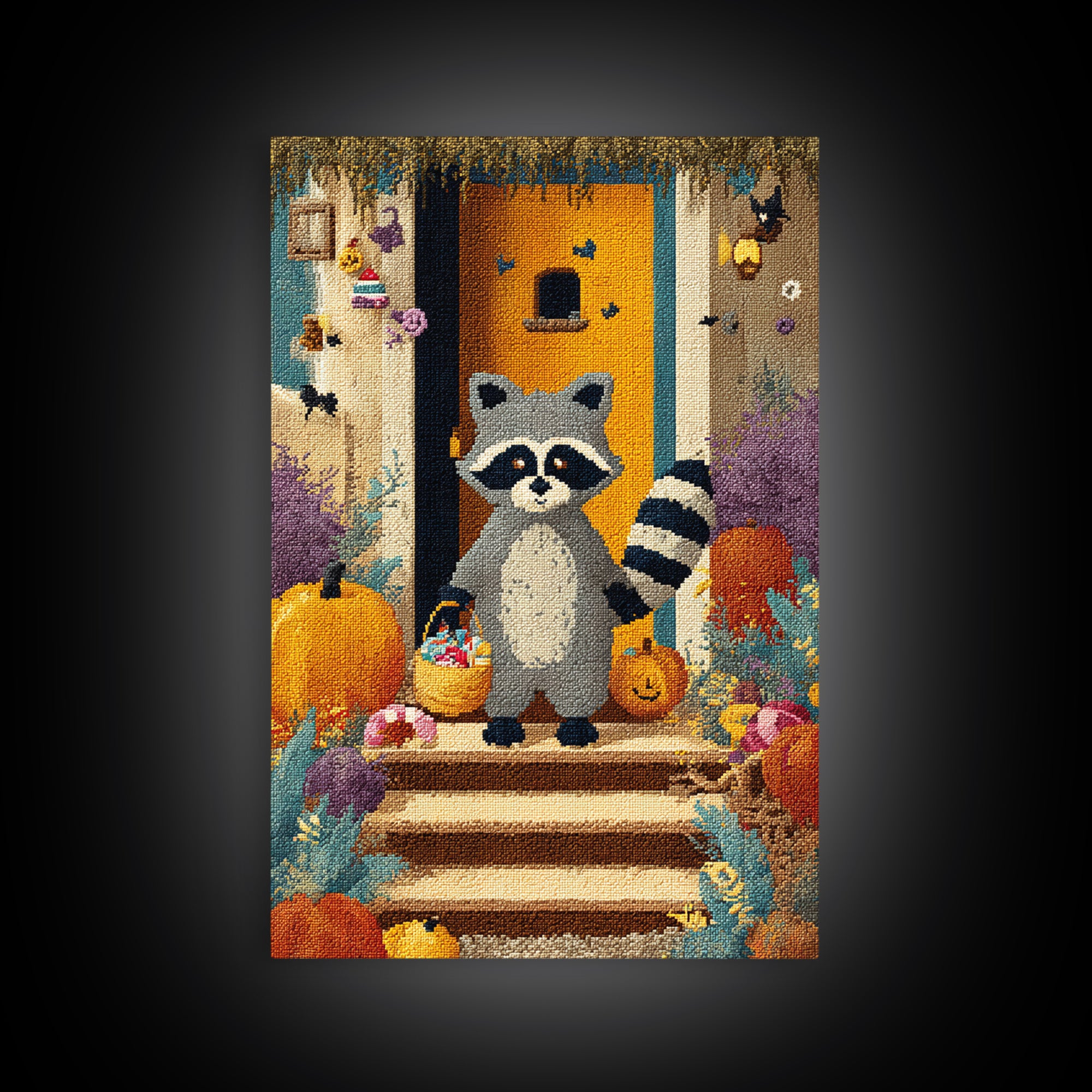 The Raccoon Trick-Or-Treater, Pixel Halloween Art, Vertical Wall Art, Canvas Print, Cute Halloween Wall Art
