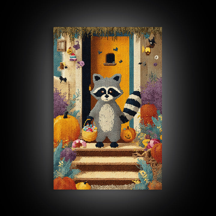 The Raccoon Trick-Or-Treater, Pixel Halloween Art, Vertical Wall Art, Canvas Print, Cute Halloween Wall Art