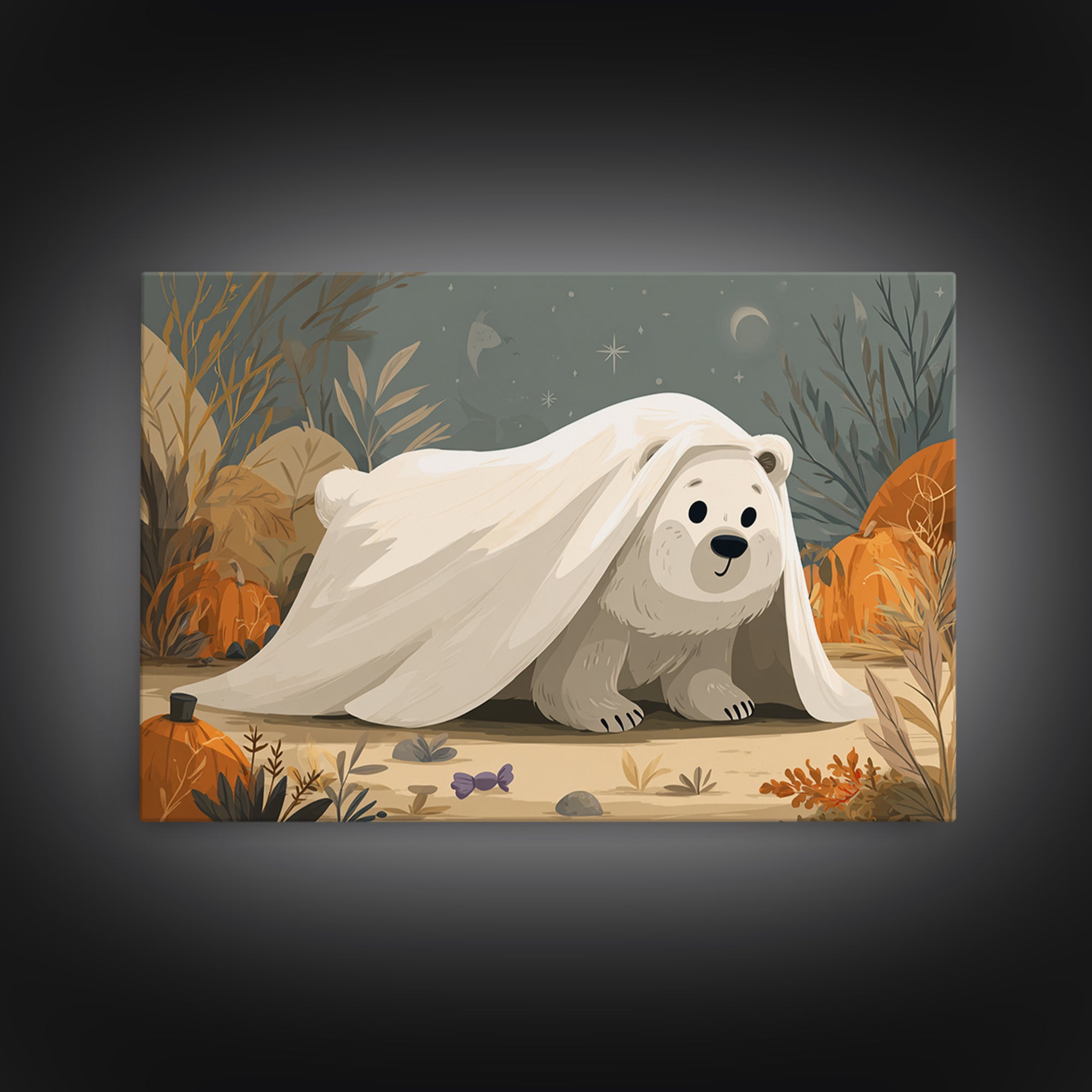 The Bear Cub Ghost, Vector Halloween Art, Landscape Wall Art, Framed Canvas Print, Cute Halloween Wall Art