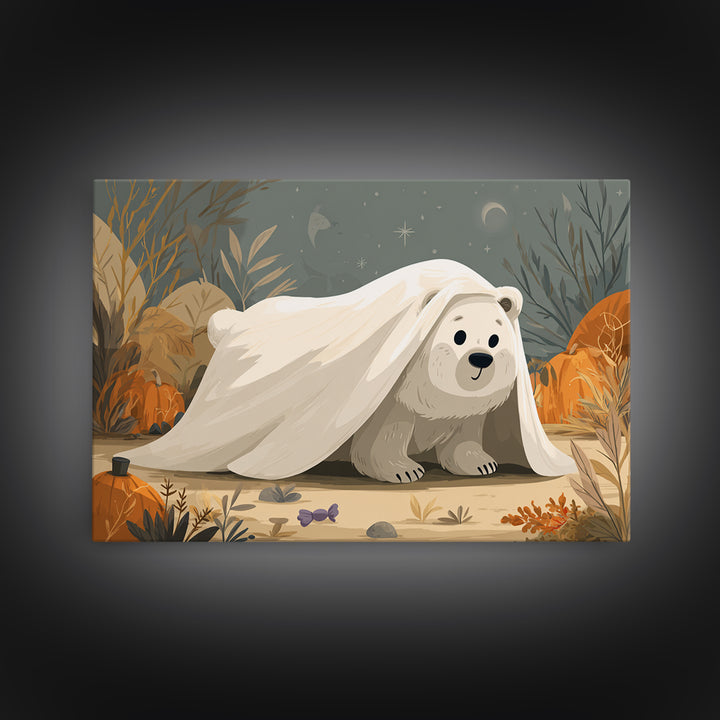 The Bear Cub Ghost, Vector Halloween Art, Landscape Wall Art, Framed Canvas Print, Cute Halloween Wall Art
