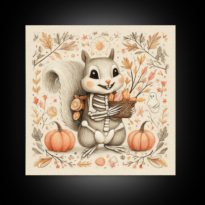 The Squirrel Skeleton, Hand Sketch Halloween Art, Square Wall Art, Canvas Print, Cute Halloween Wall Art