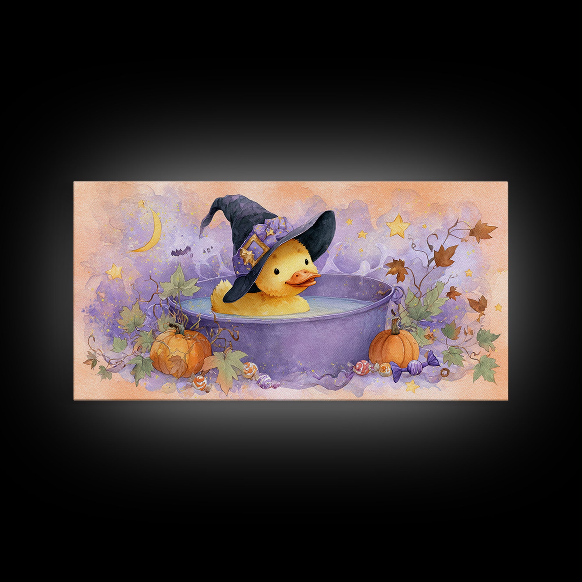 The Duckling Witch, Watercolor Halloween Art, Wide Panoramic Art, Framed Canvas Print, Cute Halloween Wall Art