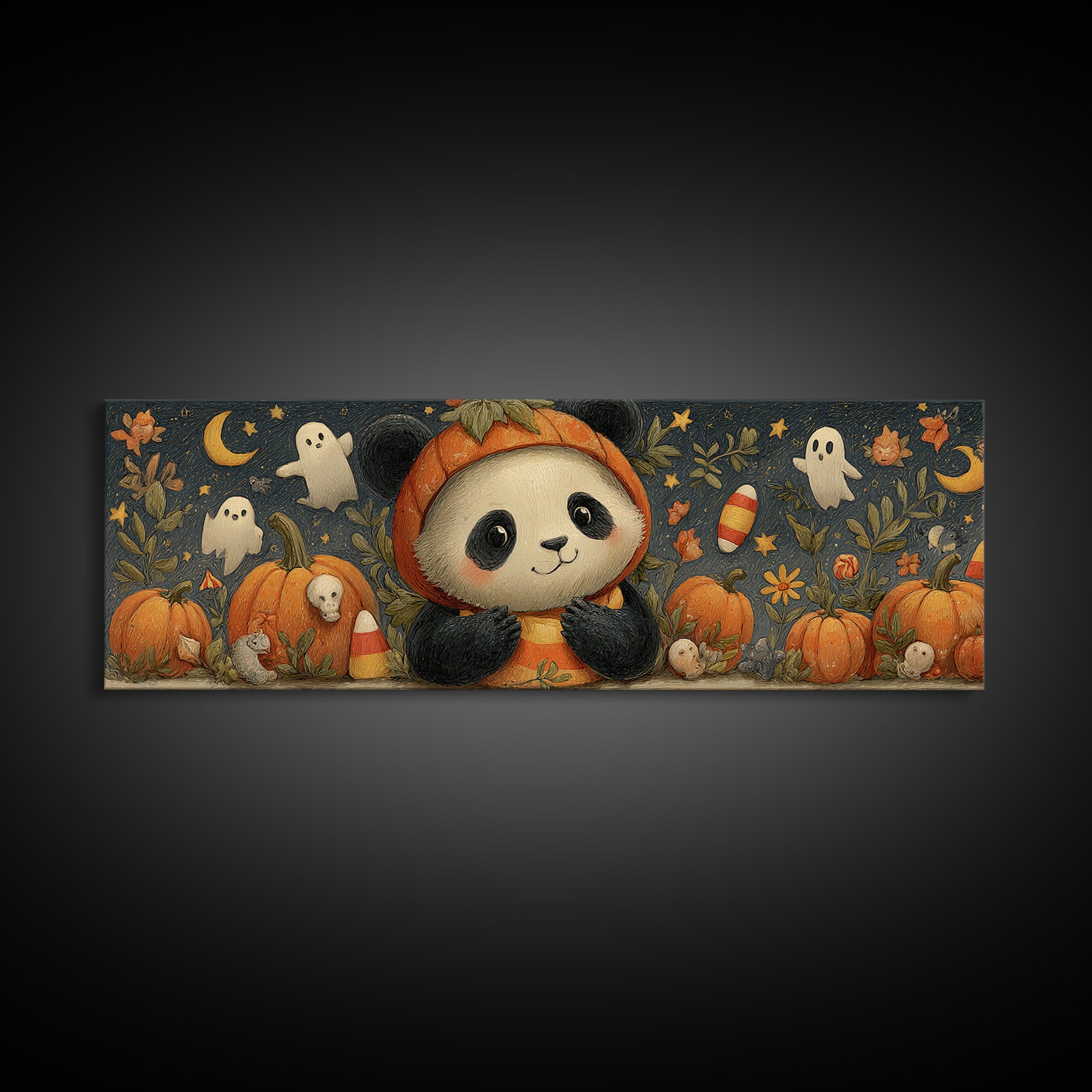 The Panda Pumpkin, Gouache Halloween Art, Extra Wide Wall Art, Canvas Print, Cute Halloween Wall Art