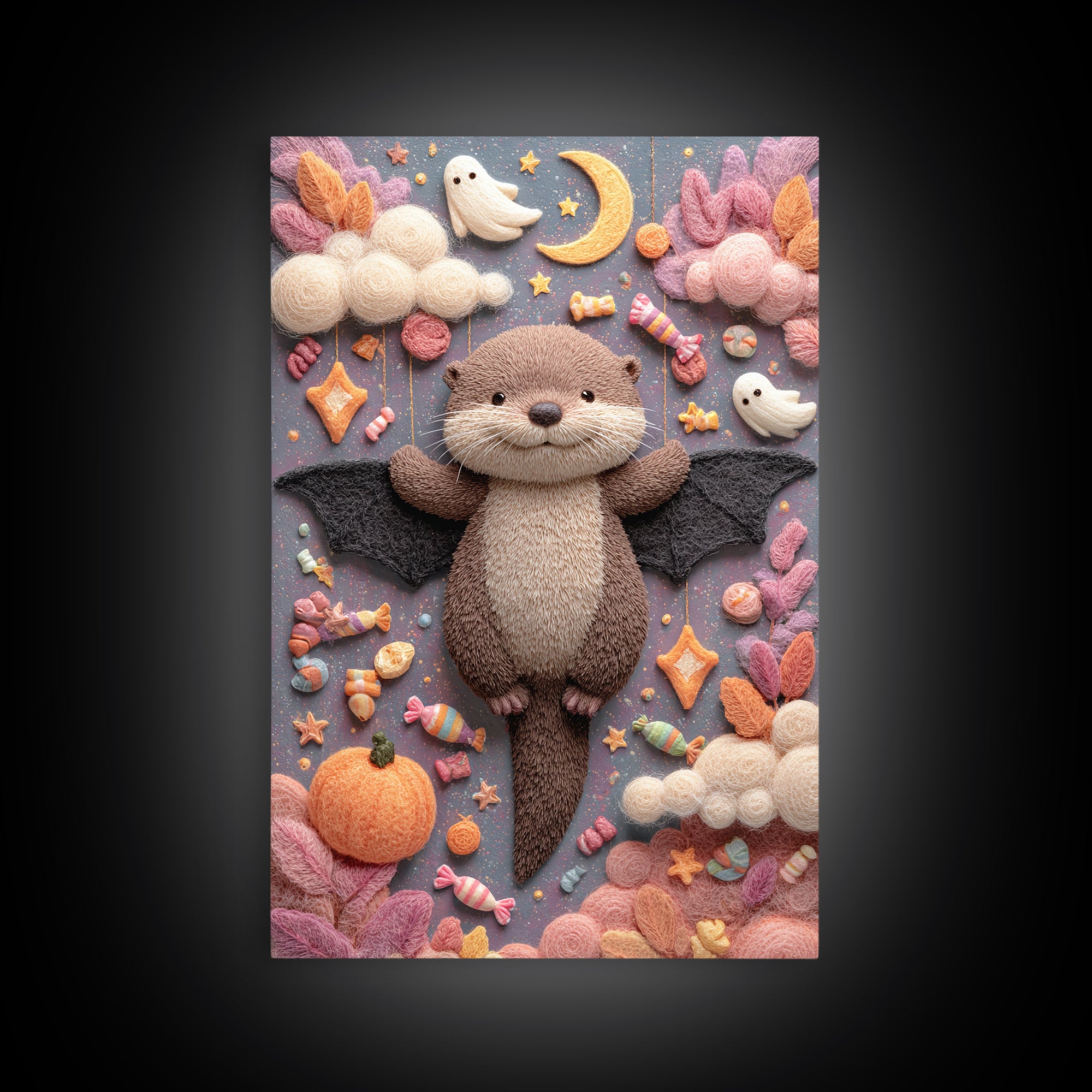The Bat-Winged Otter, Pastel Halloween Art, Vertical Wall Art, Canvas Print, Cute Halloween Wall Art