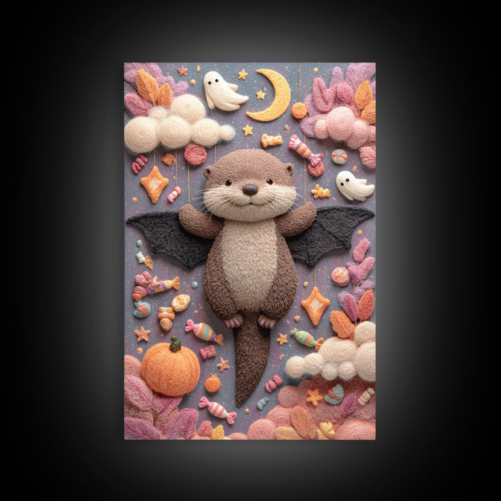 The Bat-Winged Otter, Pastel Halloween Art, Vertical Wall Art, Canvas Print, Cute Halloween Wall Art
