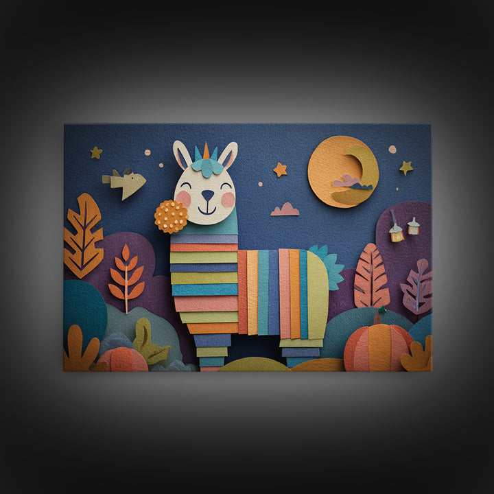 The Llama Mummy, Paper Collage Halloween, Landscape Wall Art, Framed Canvas Print, Cute Halloween Wall Art