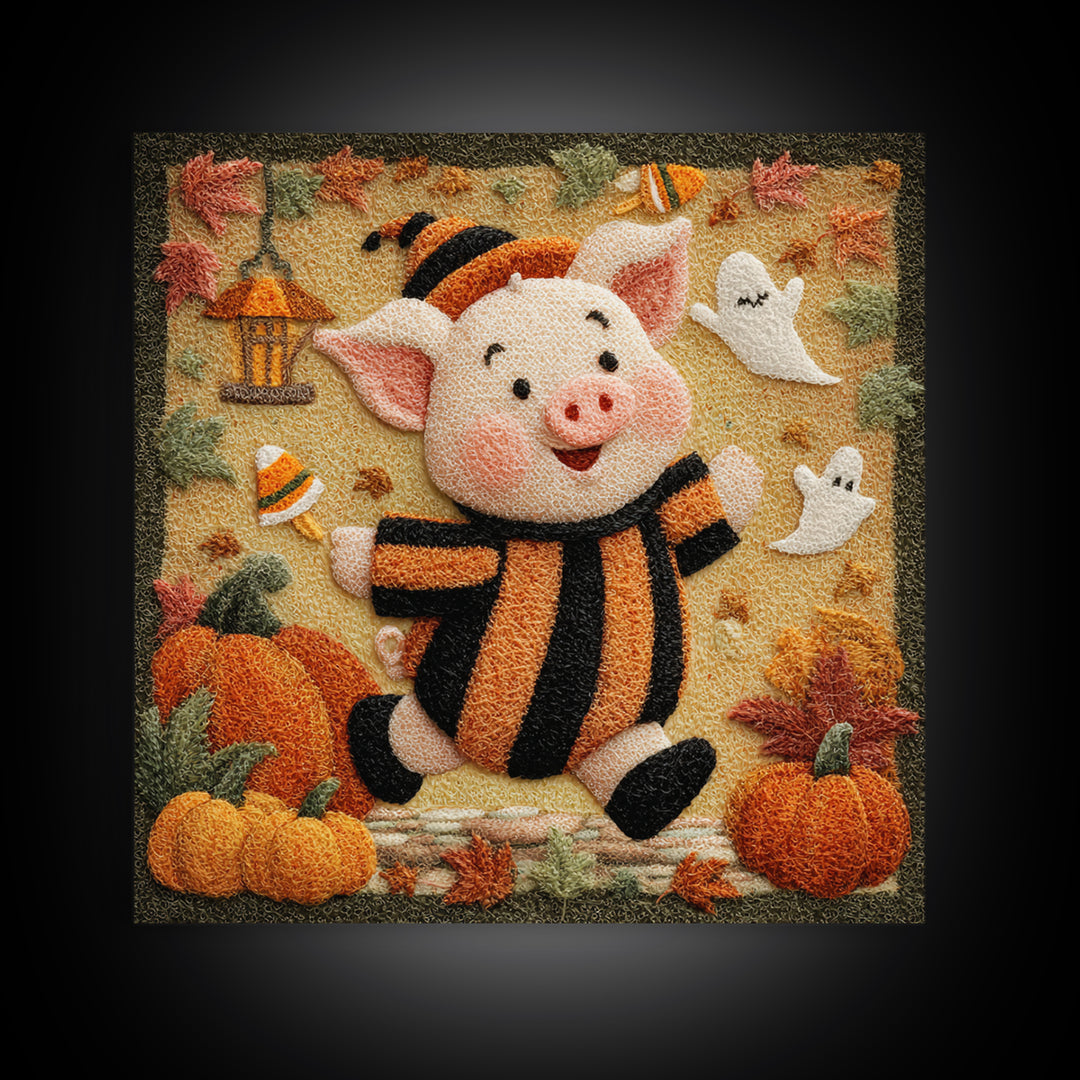 The Candy Corn Piglet, Felt Halloween Art, Square Wall Art, Canvas Print, Cute Halloween Wall Art, Halloween Kids Decor