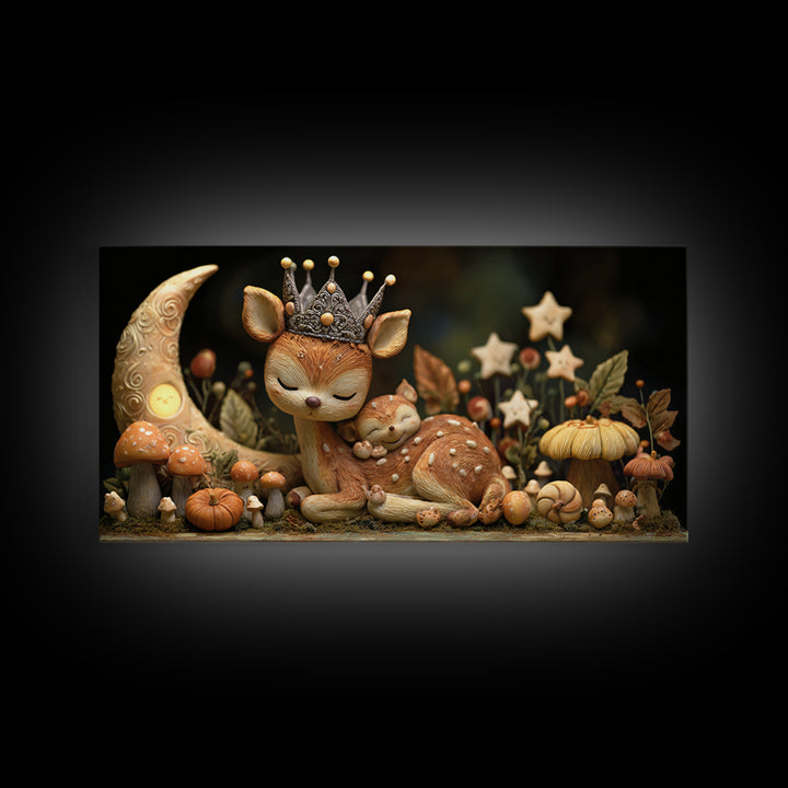 The Moon Princess Deer, Clay Halloween Art, Wide Panoramic Art, Framed Canvas Print, Cute Halloween Wall Art
