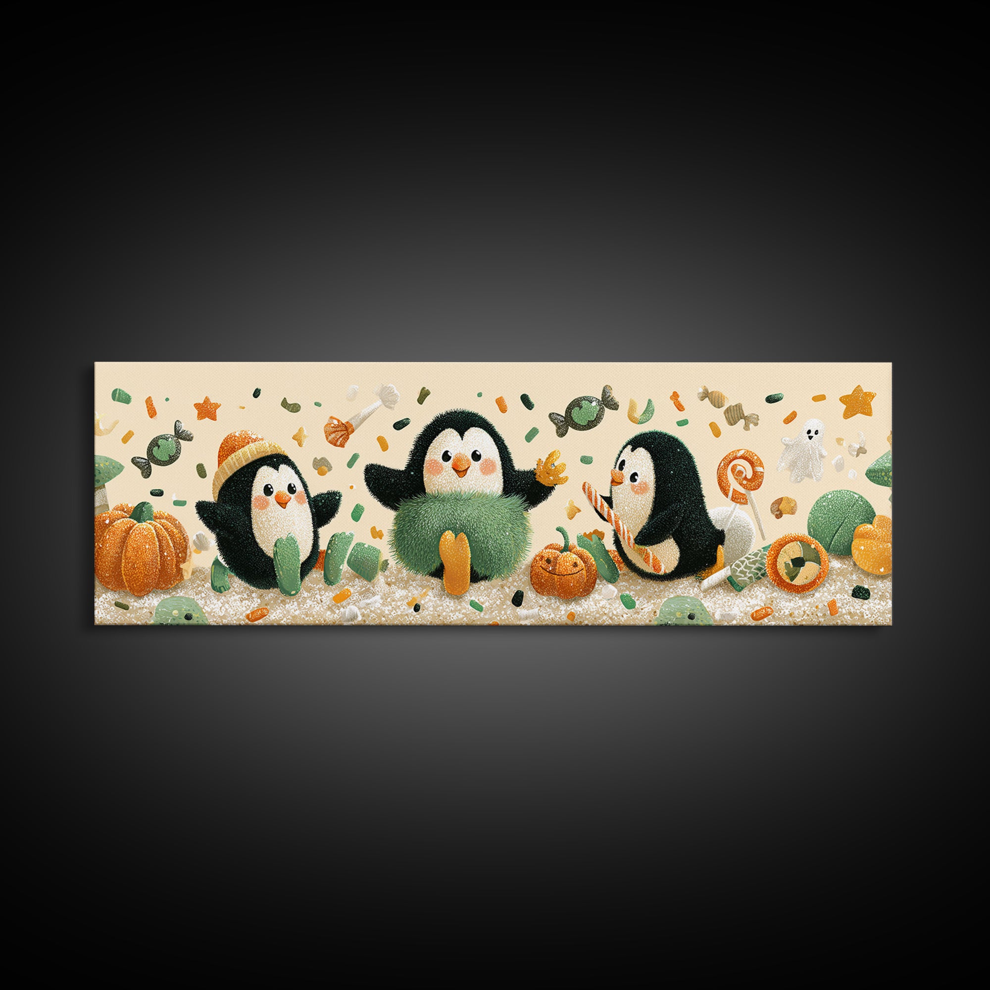 The Penguin Monster, Plush Halloween Art, Extra Wide Wall Art, Canvas Print, Cute Halloween Wall Art